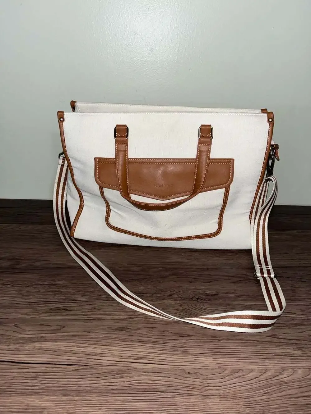 Missnine Canvas Laptop Tote Bag 15.6 inch with Brown Vegan Leather Trim